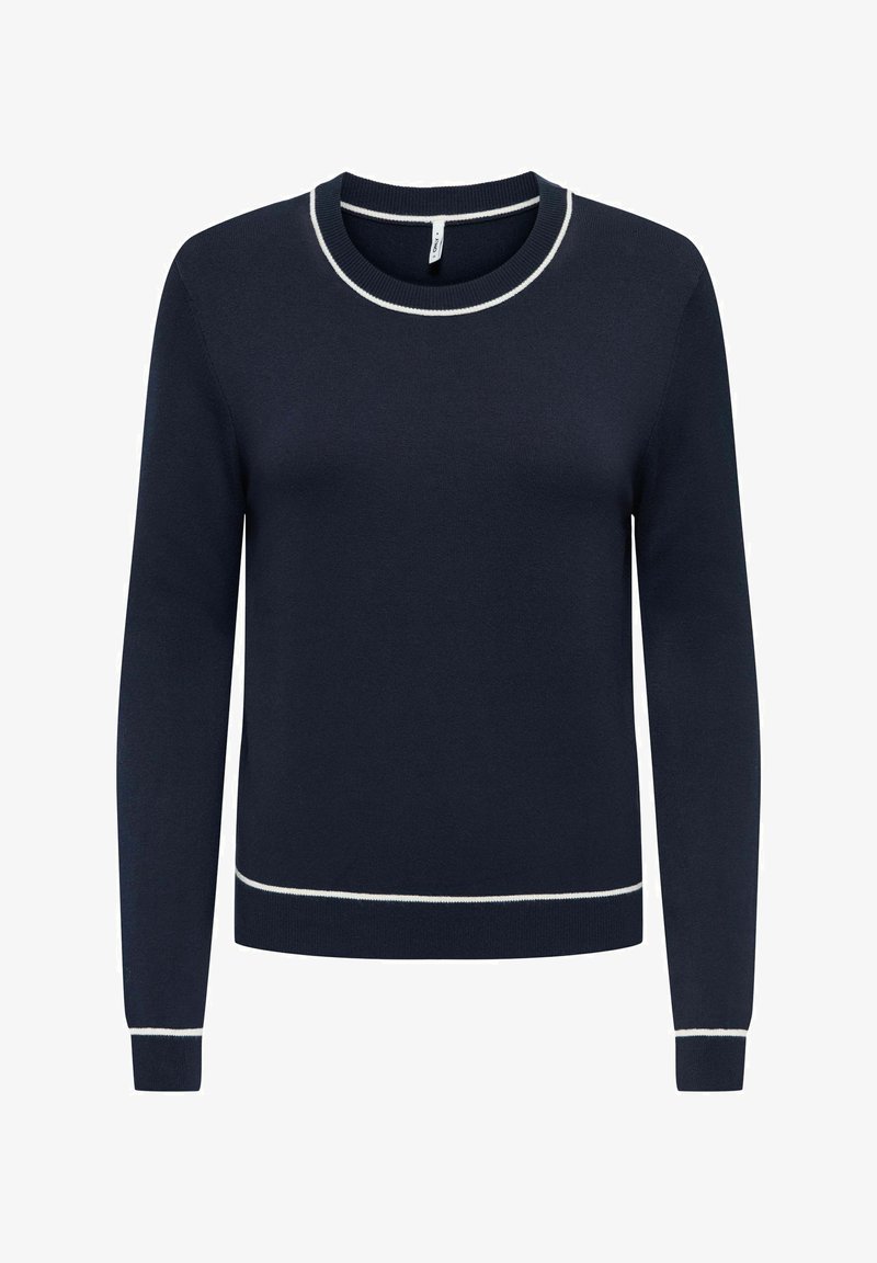 Pull à manches longues bleu marine avec bordure blanche sur le col, les poignets et l'ourlet, encolure ronde et texture côtelée.