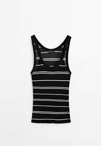 Sort ribbet tanktop med hvide vandrette striber og scoop-udskæring, lagt fladt på hvid baggrund.