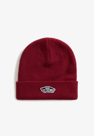 Červená pletená čepice s ribkovanou strukturou, s ohrnutým lemem a černobílou nášivkou "VANS OFF THE WALL".