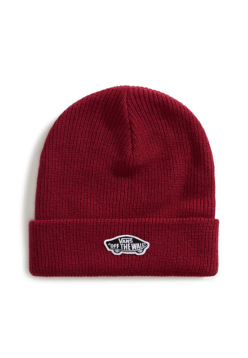 Gorro de punto rojo con textura acanalada, que presenta un puño doblado y un parche de logo en blanco y negro que dice "VANS OFF THE WALL".
