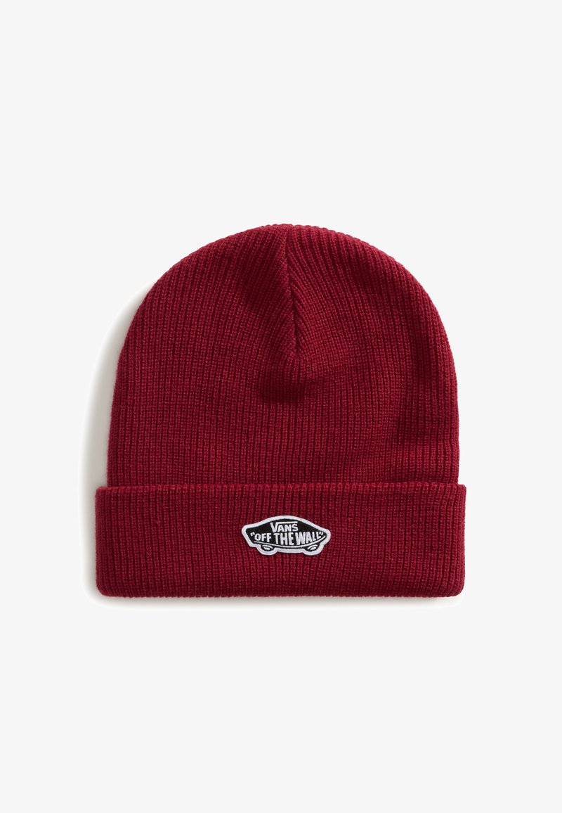 Red knit beanie with ribbed texture, featuring a folded cuff and a black and white "VANS OFF THE WALL" logo patch.