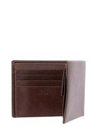Brown leather wallet with multiple card slots, a foldable design, and RFID protection logo. Smooth texture and clean lines.