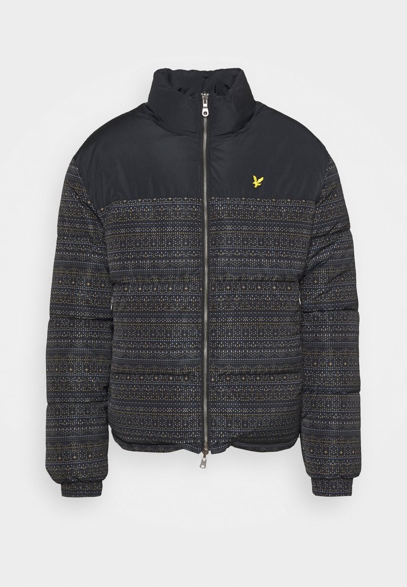 Tmavě modrá péřová bunda s vysokým límcem, zdobená vzorovanou spodní částí a žlutým logem na hrudi, zapínáním na zip a elastickými manžetami.