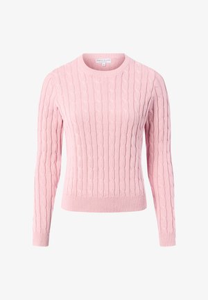Pull en tricot rose avec un motif en torsades, col rond et manches longues. Les poignets et l'ourlet côtelés offrent une silhouette ajustée.