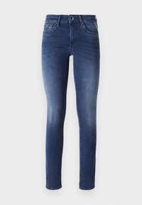 Vaqueros ajustados de denim azul oscuro, con cintura de altura media, diseño de cinco bolsillos y un ligero desvanecimiento en los muslos.