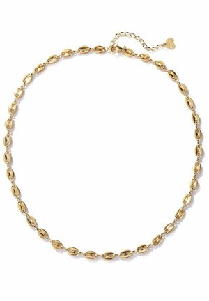 Gold chain necklace featuring oval links, polished finish, and a delicate extension chain with a small heart accent.