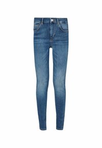 Jeans ajustados de denim azul con una cintura de altura media, cinco bolsillos y cierre de cremallera. Textura suave con un desvanecimiento sutil en los muslos.