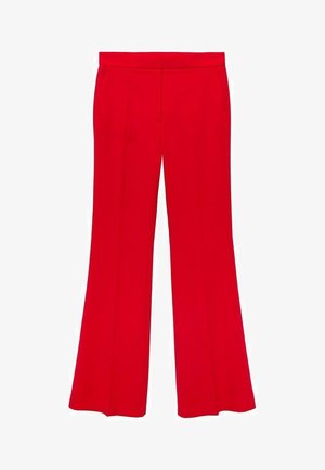 Red flared trousers made from a smooth fabric with a high waistband and two front pockets. The design features clean lines and a tailored fit.