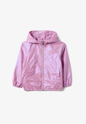 Child's light pink hooded rain jacket with front zipper, elastic cuffs, and two front pockets, displayed on a white background.