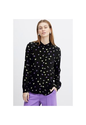 Black button-up shirt in lightweight fabric, featuring purple and green floral patterns. Long sleeves and a classic collar design.