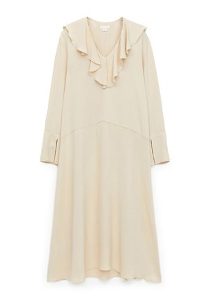 Beiges Kleid mit langen Ärmeln, gerafftem V-Ausschnitt, knielangem Design und seitlichen Schlitzen in den Ärmeln, aus einem glatten Stoff gefertigt.