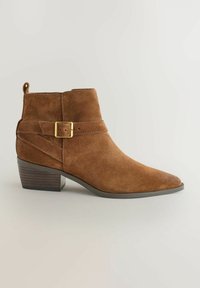 Stivaletto in suede marrone con punta affusolata, dotato di una fascia con una fibbia dorata e un tacco a blocco. Texture morbida.