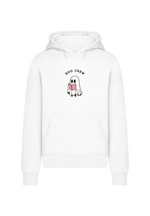White hoodie with a front pocket, featuring a ghost graphic reading a pink book and the text "BOO CREW" above it.
