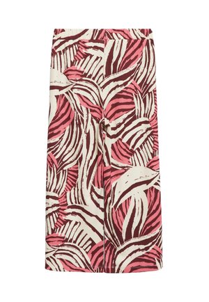 Knielanger Rock mit abstraktem tropischem Blattmuster in Creme, Pink und Dunkelrot auf weißem Hintergrund.