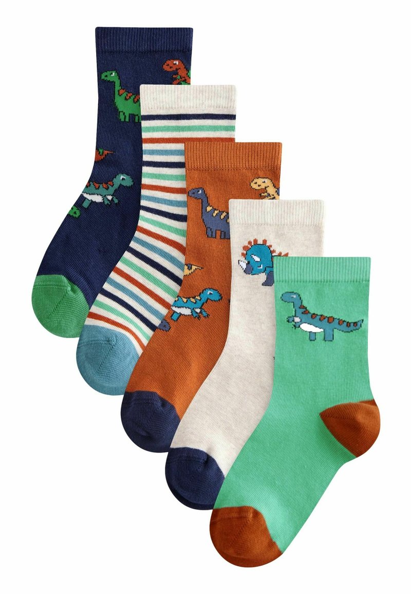 Confezione di cinque paia di calzini per bambini con design di dinosauri. I colori includono blu navy, verde, arancione, crema e menta, con vari modelli e dettagli decorativi.
