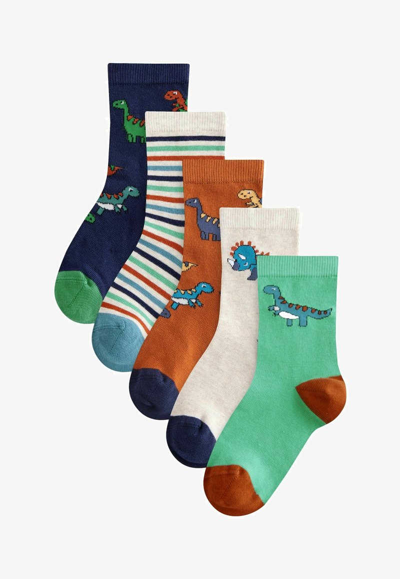 Zestaw pięciu skarpetek dla dzieci z wzorami dinozaurów. Kolory obejmują granatowy, zielony, pomarańczowy, kremowy i miętowy, z różnymi wzorami i akcentami.