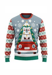 Grauer Pullover mit einem Design von einem roten Auto, einem Eisbären und einem Weihnachtsbaum. Die Ärmel haben rote und grüne Schneeflockenmuster. Gerippter Hals- und Ärmelbund.