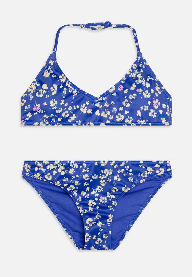 Conjunto de bikini floral azul, que presenta un sujetador tipo triángulo y bragas inferiores. El material es suave con pequeñas estampas de flores amarillas y rosas.