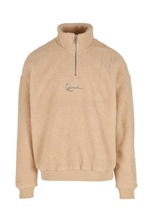 Pulover din fleece bej, cu guler cu fermoar pe jumătate, mâneci și tiv cu model în relief, având logo brodat pe față. Suprafață moale, texturată.