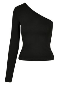 Top nero a spalla unica con maniche lunghe realizzato in un tessuto morbido ed elastico. Silhouette aderente con scollatura curvata e design asimmetrico.