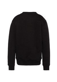 Felpa nera con scollatura rotonda, maniche lunghe, polsini e orlo a costine, e una superficie liscia e opaca. Design semplice, senza decorazioni.