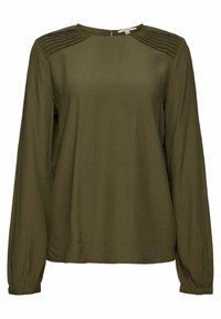 Blusa a maniche lunghe verde oliva in tessuto leggero, con dettagli plissettati sulle spalle e scollatura rotonda con chiusura posteriore.