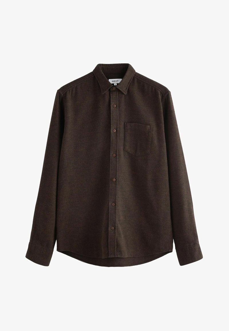 Pruun nööppega särk, mis on valmistatud tekstureeritud kangast, koos pikkade varrukatega, rinna Tasku ja pruunide nuppudega esiosas.