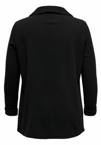 Musta pitkähiha takki kauluksella, valmistettu teksturoidusta kankaasta. Takissa on käännetyt hihansuut ja suora leikkaus, takaosassa on vähäiset yksityiskohdat.