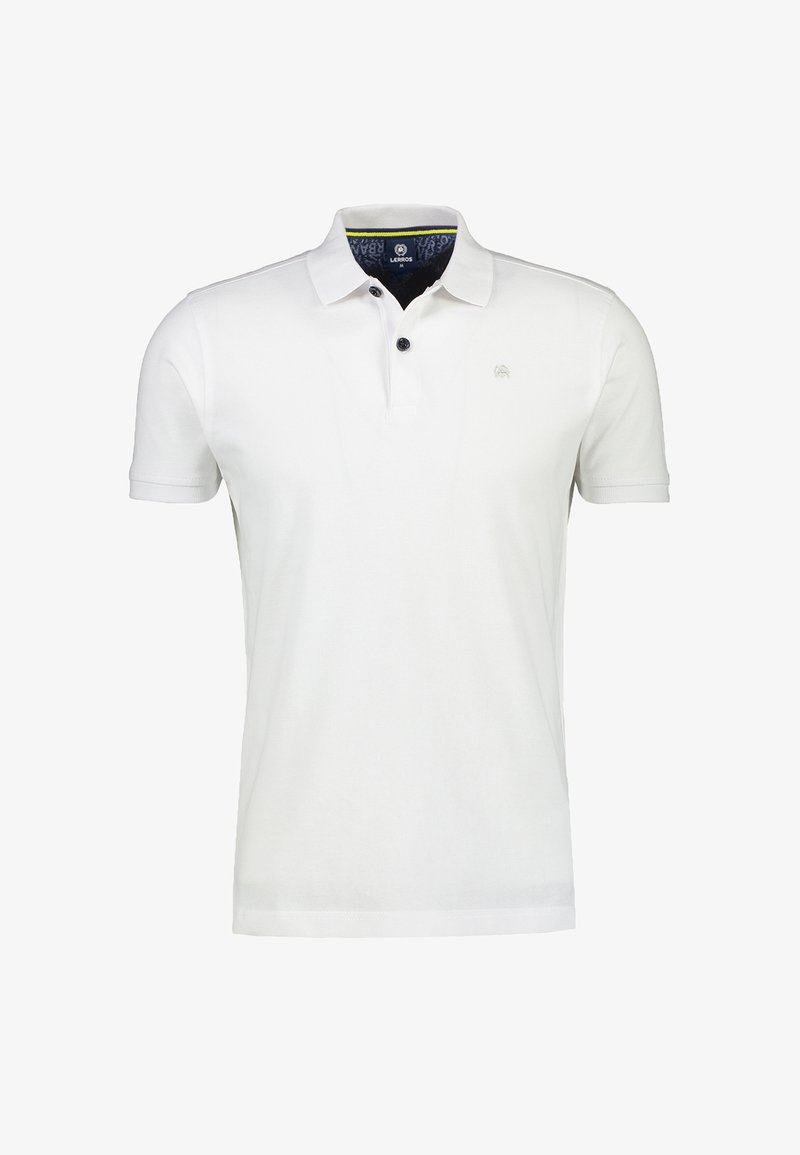 Weißes Polohemd aus Baumwolle mit klassischem Kragen, kurzen Ärmeln, Knopfleiste mit drei Knöpfen und Logodetail auf der Brust.