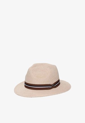 Beige woven fedora hat with wide brim, featuring a brown band with white and black stripes around the base.