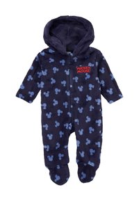Body neonato blu marina con cappuccio, ricoperto di motivi a testa di Topolino blu chiaro, con il testo "Topolino" ricamato in rosso sul petto.