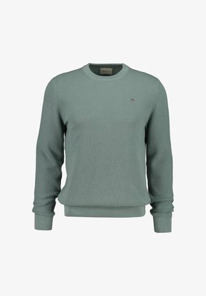 Maglione da uomo a maniche lunghe colore salvia, a maglia waffle, con scollo rotondo e piccolo logo ricamato sul petto.