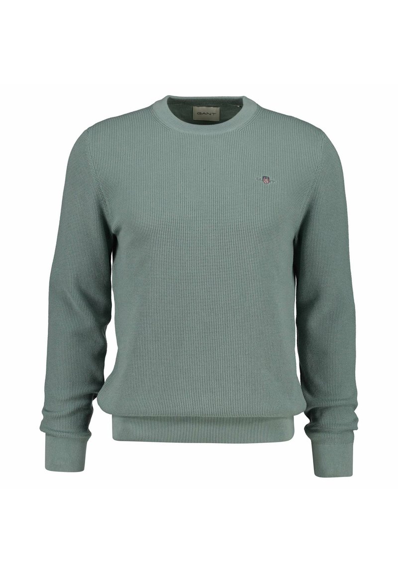 Maglione da uomo a maniche lunghe colore salvia, a maglia waffle, con scollo rotondo e piccolo logo ricamato sul petto.