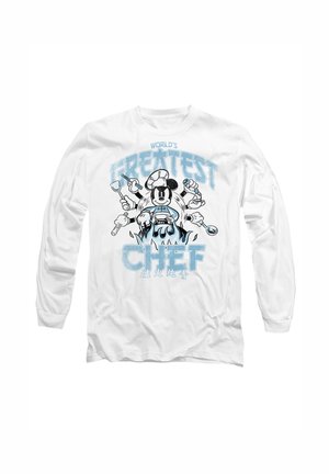 White long-sleeve t-shirt featuring a cartoon chef graphic with a mouse character, text saying "WORLD'S GREATEST CHEF," and cooking utensils.