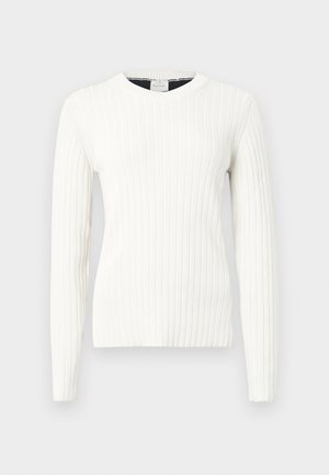 Camisola branca de malha canelada com mangas compridas, decote redondo e textura suave. Apresenta um corte justo e linhas horizontais subtis.