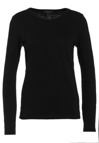 Mustat pitkät hiharat paita, joka on valmistettu pehmeästä puuvillasta. Ominaisuuksiin kuuluu pyöreä pääntie ja istuva malli, jossa on yksinkertainen pinta. Ei näkyviä kuvioita tai koristeluita.