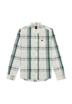 Chemise à manches longues à boutons avec un motif à carreaux verts et blancs, une poche poitrine et une étiquette de la marque Lee sur la poche.