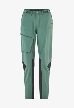 Grüne Outdoor-Hosen mit verstärkten schwarzen Akzenten, einem Reißverschluss-Seitentasche und einem körpernahen Design, hergestellt aus leichtem, dehnbarem Material.