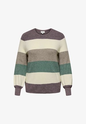Prúžkovaná mikina s širokými horizontálnymi pruhmi v krémovej, zelenej, taupe a purpurovej farbe. Mäkký pletený materiál s rebrovanými manžetami a výstrihom.
