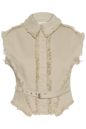 Beige cropped denim vest with a frayed edge, collar, and a belted waist. Features a button-front closure and raw hem detailing.