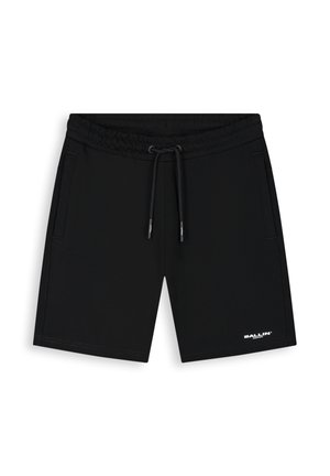 Zwarte shorts van middellange lengte met elastische tailleband, trekkoord, zijzakken en "BALLIN" logo op het linkeronderbeen.
