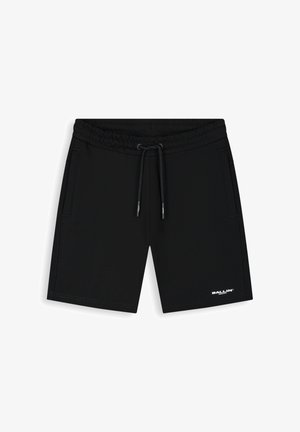 Zwarte shorts van middellange lengte met elastische tailleband, trekkoord, zijzakken en "BALLIN" logo op het linkeronderbeen.