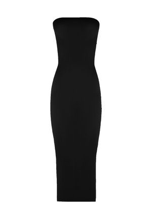 Abito nero attillato senza spalline, con una silhouette aderente, design lungo fino al pavimento e texture liscia. Nessun abbellimento o motivo presente.