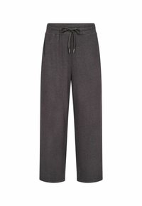 Gray wide-leg pants made of soft fabric, featuring an adjustable drawstring waistband and a smooth texture for comfort and ease of wear.