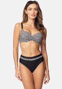 Zwart-witte bikini set met een patroon ondertop met verstelbare bandjes en een hooggewaist onderstuk met een bijpassende accentband.