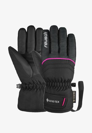 Gants isolés noirs avec une paume en cuir lisse, étiquette Gore-Tex et accent rose le long du poignet. Présente un poignet froncé et une sangle ajustable.