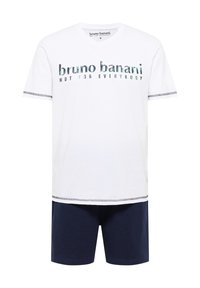 Weißes T-Shirt mit einem grafischen Druck in Türkis und Schwarz, kurzen Ärmeln und Marineblauen Shorts. Mit kontrastierenden Nähten entlang der Kanten.