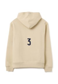 Sweat à capuche beige en coton, mettant en avant un numéro "3" brodé en bleu marine au dos. Manches et ourlet côtelés.