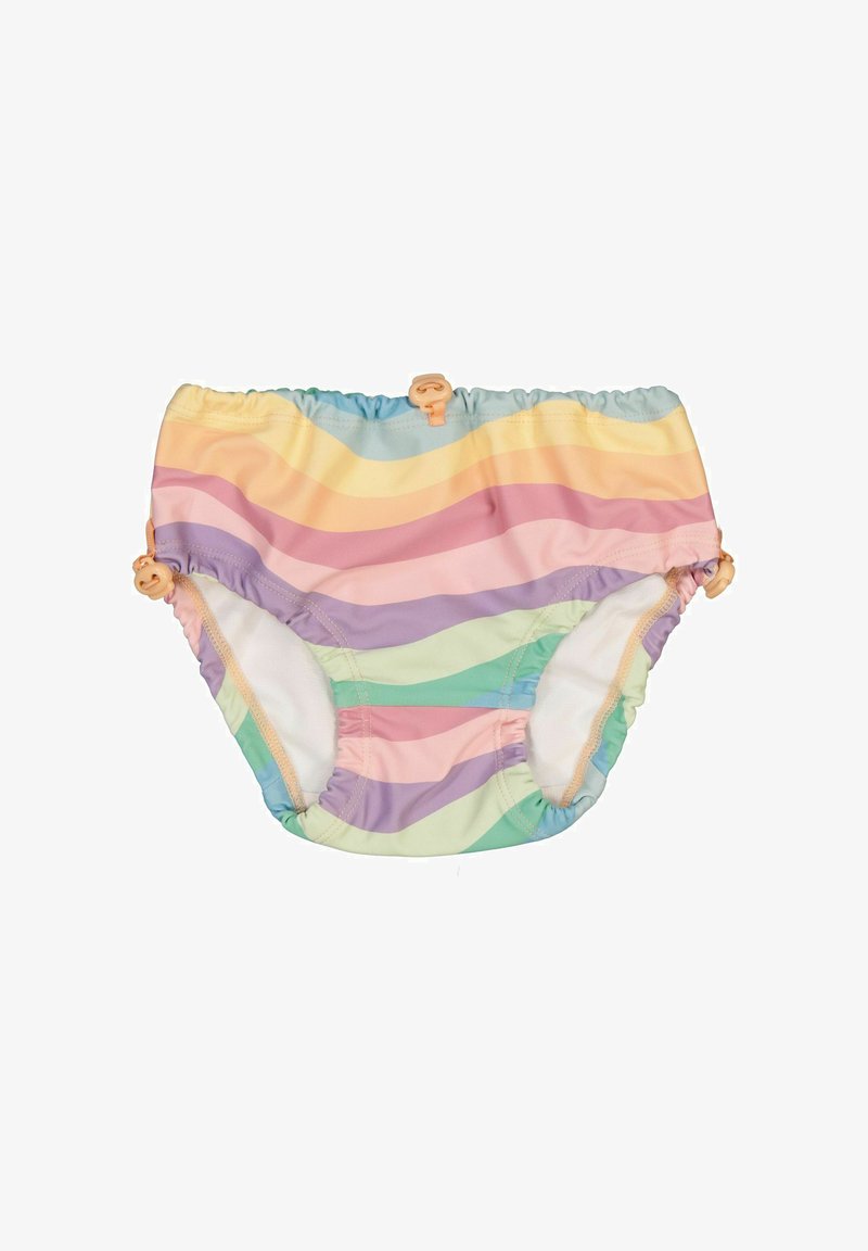 Farverige badebukser med et bølgende stribemønster i pastelfarver som gul, pink, lilla og grøn, med sammenkrøllede elastiske kanter.