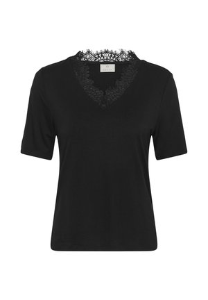 Haut noir à manches courtes pour femme avec un décolleté en V orné d'une délicate bordure en dentelle noire autour du col.